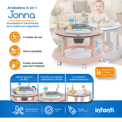 Andadera 4 en 1 Jonna Con Centro de Entretenimiento, Mesita Interactiva y Mesa de Juegos, Asiento Giratorio 360°, Altura Ajustable, Tapete Desmontable con Luz y Sonido, 12 kg max, Infanti.