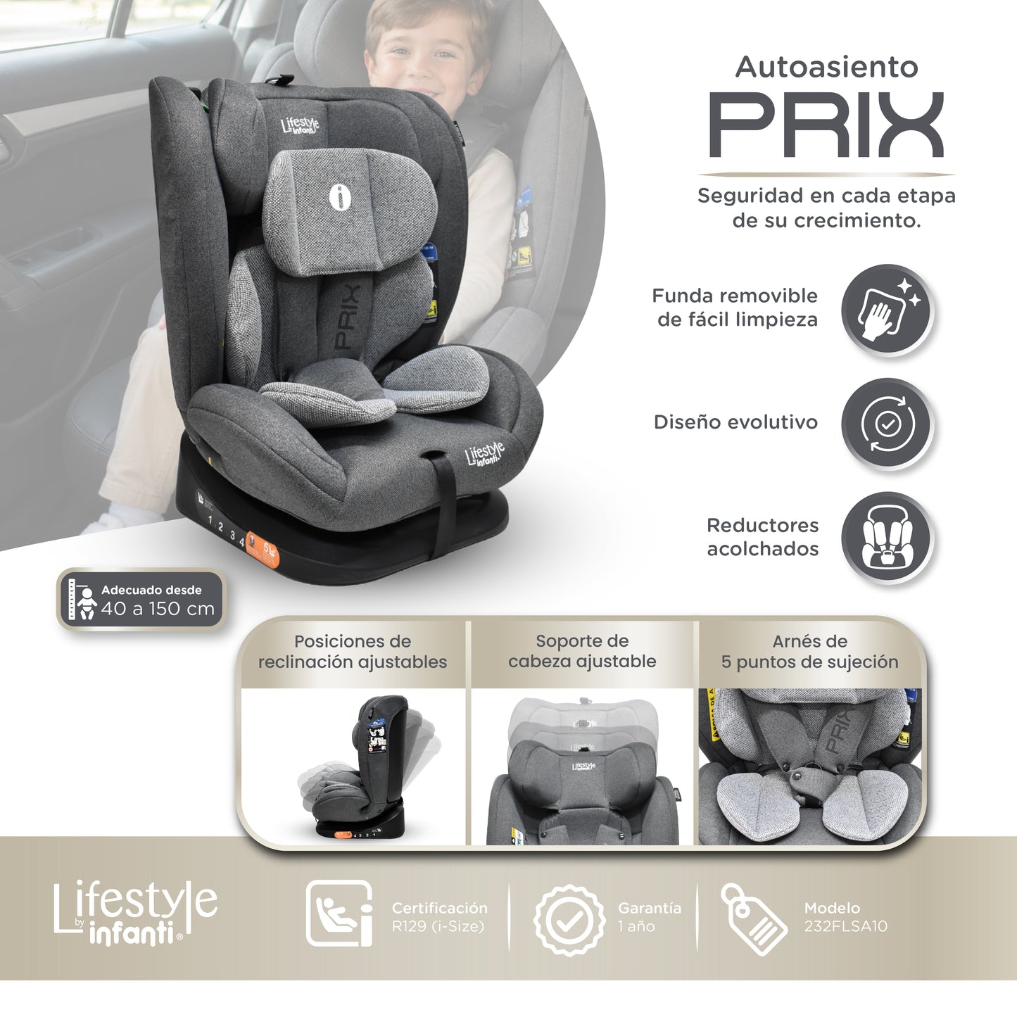 Autoasiento Prix Con Reclinación Ajustable y Arnés De Seguridad