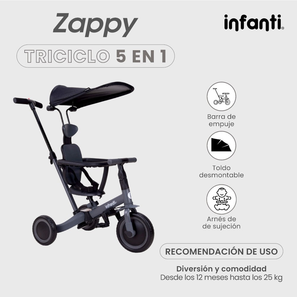Triciclo Evolutivo 5 En 1 Infanti Zappy Con Barra De Empuje