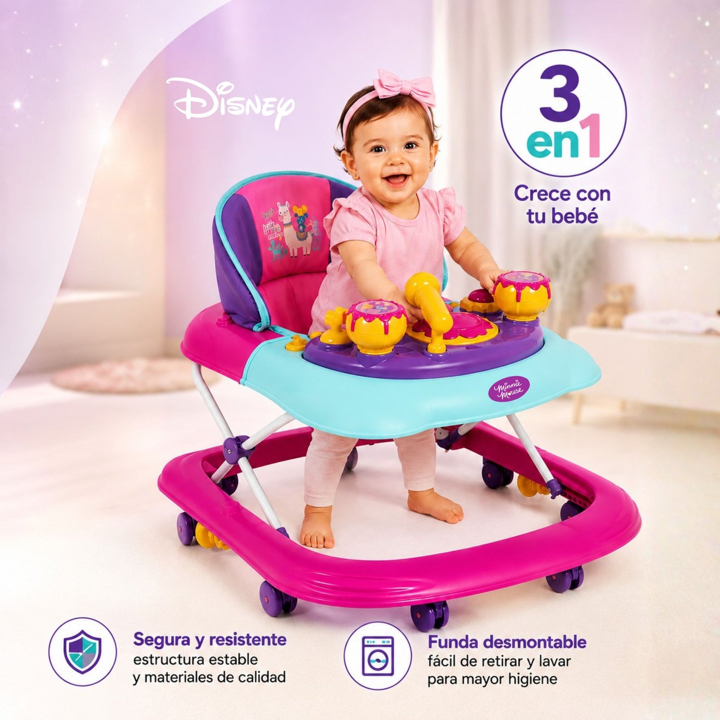 Andadera Minnie Disney Rosa Con Tablero Interactivo Musical y Asiento Comodo