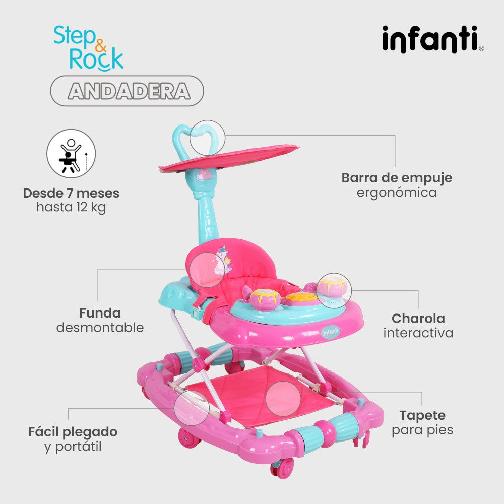 Infanti Andadera Step And Rock Convertible A Mecedora Con Barra De Empuje