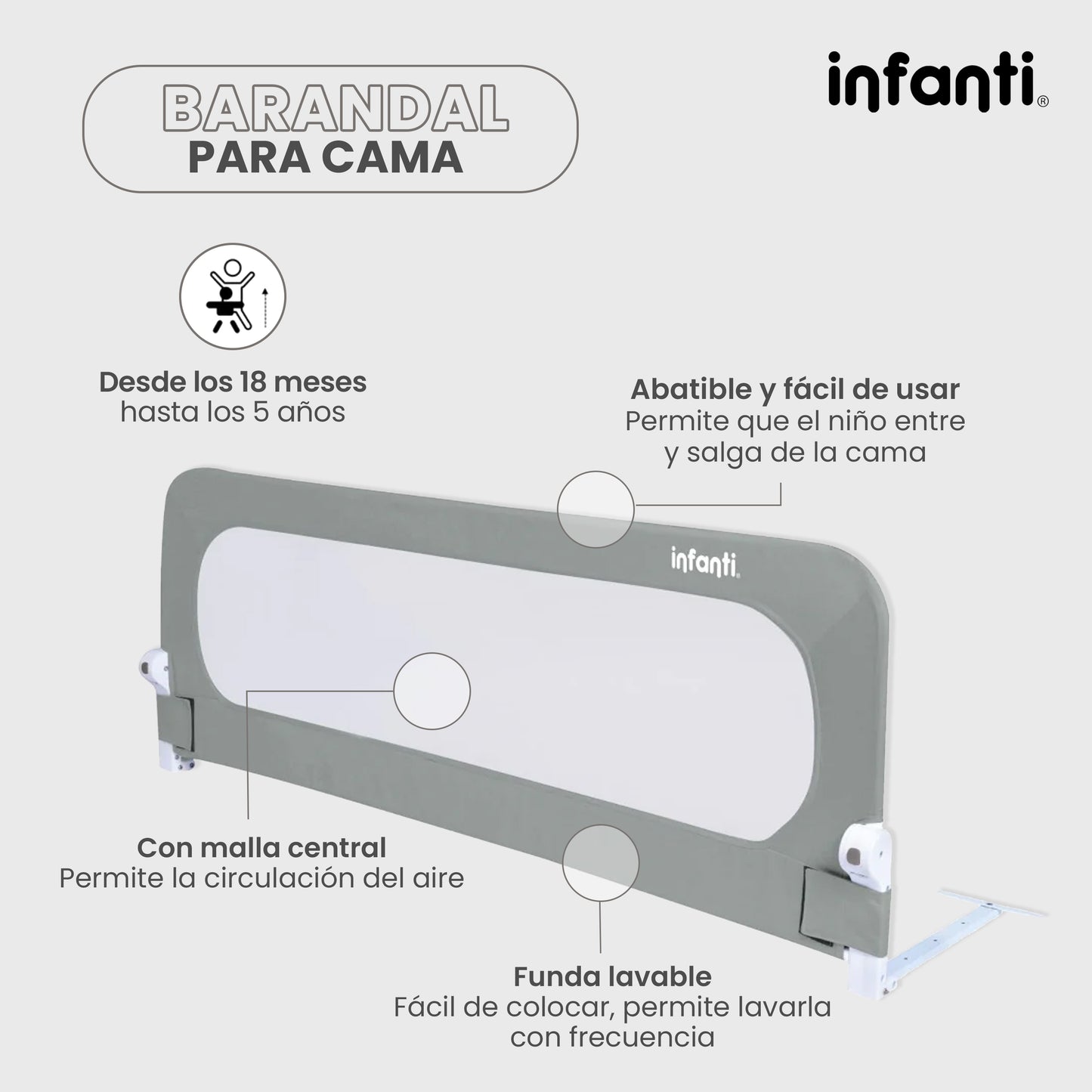 Barandal de Seguridad para Cama Infanti Color Gris