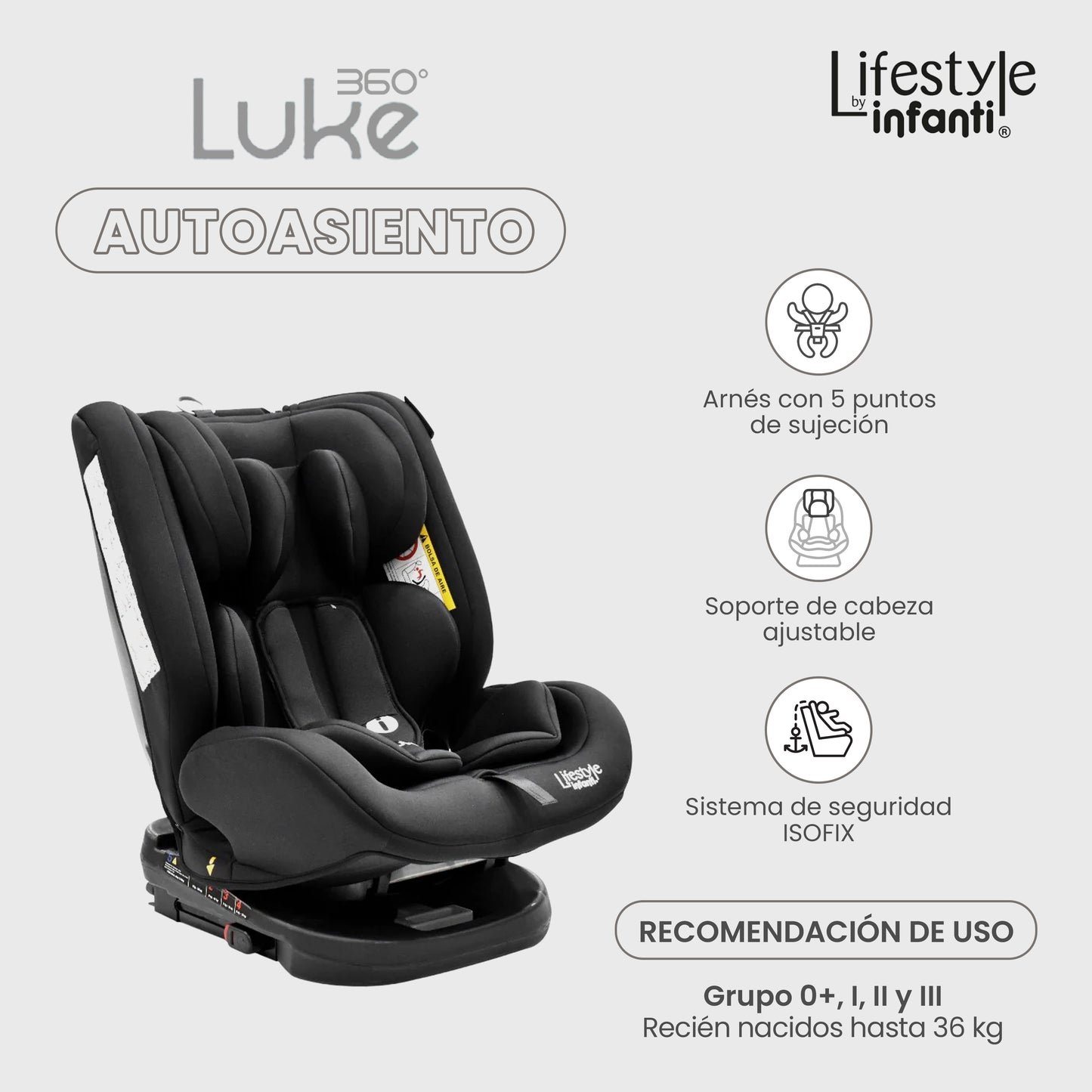 Autoasiento Luke Lifestyle by Infanti Con Base 360° Grupo 0, 1, 2 Anclaje ISOFIX