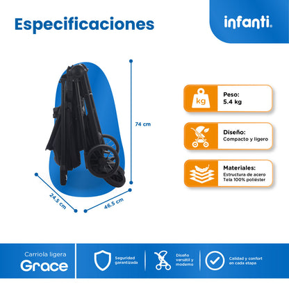 Carriola Grace Arena Con Toldo Completo Plegado Fácil Compacto Soporta Hasta 22 kg, Infanti