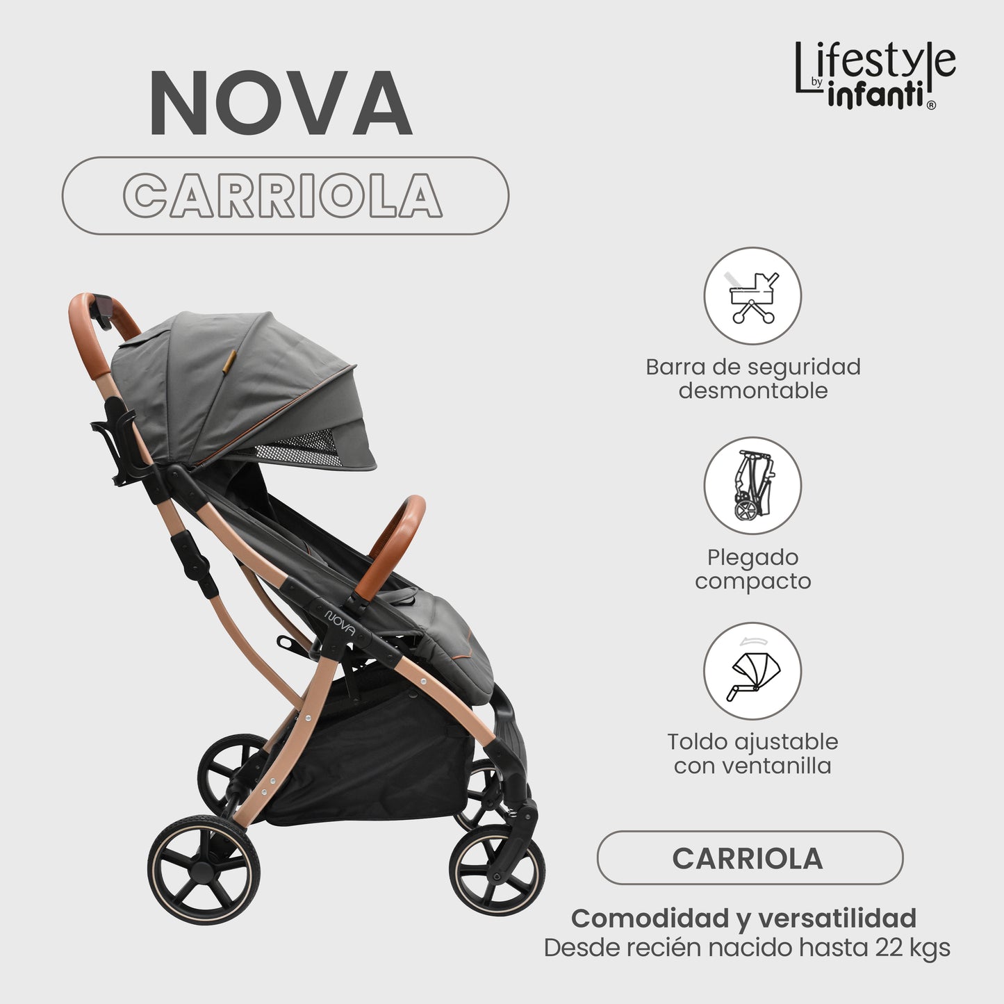 Carriola Para Bebé Infanti Nova Con Plegado Automático Gris