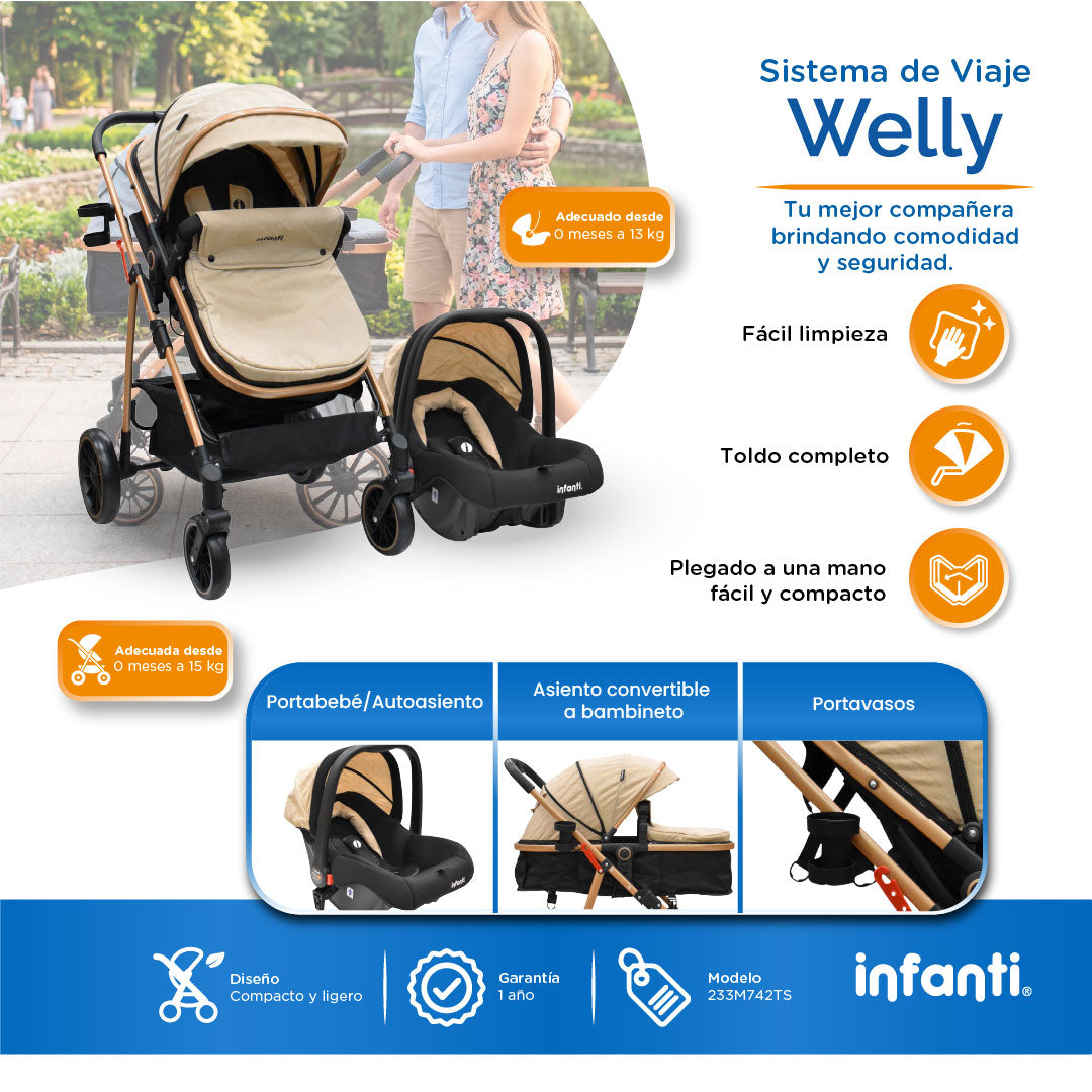Carriola Sistema de Viaje Welly Convertible a Bambineto Negro con Portabebé Grupo 0+, Asiento Reversible, Reclinado Ajustable, Arnés de 5 Puntos, Toldo Plegable, Cubrepiés y Canastilla Amplia para Bebé