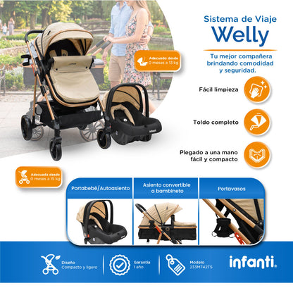 Carriola Sistema de Viaje Welly Convertible a Bambineto Negro con Portabebé Grupo 0+, Asiento Reversible, Reclinado Ajustable, Arnés de 5 Puntos, Toldo Plegable, Cubrepiés y Canastilla Amplia para Bebé