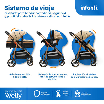 Carriola Sistema de Viaje Welly Convertible a Bambineto Negro con Portabebé Grupo 0+, Asiento Reversible, Reclinado Ajustable, Arnés de 5 Puntos, Toldo Plegable, Cubrepiés y Canastilla Amplia para Bebé