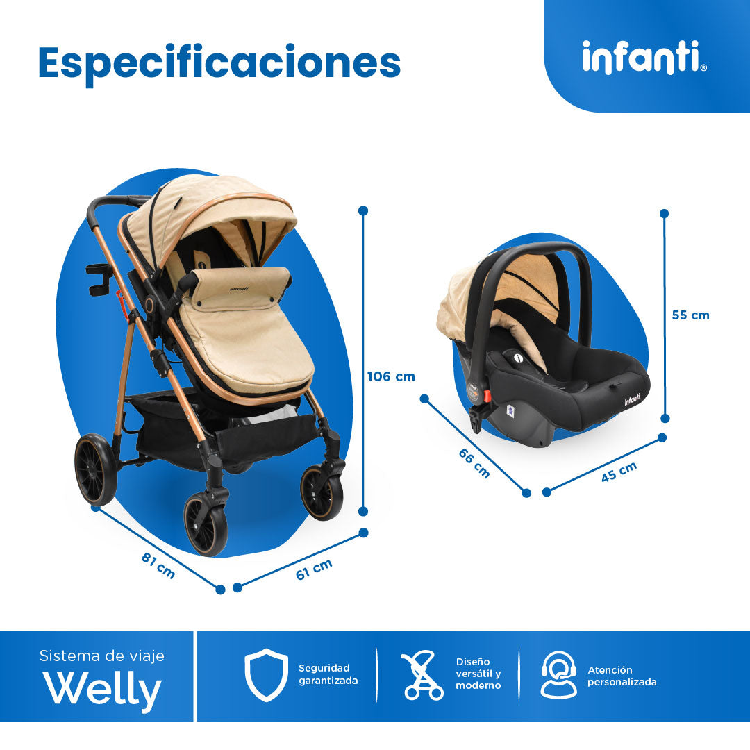 Carriola Sistema de Viaje Welly Convertible a Bambineto Negro con Portabebé Grupo 0+, Asiento Reversible, Reclinado Ajustable, Arnés de 5 Puntos, Toldo Plegable, Cubrepiés y Canastilla Amplia para Bebé