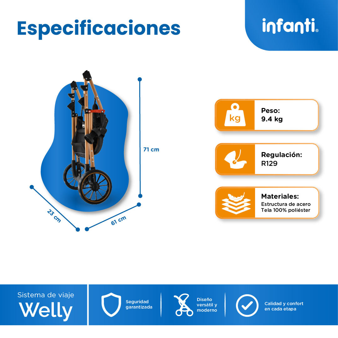 Carriola Sistema de Viaje Welly Convertible a Bambineto Negro con Portabebé Grupo 0+, Asiento Reversible, Reclinado Ajustable, Arnés de 5 Puntos, Toldo Plegable, Cubrepiés y Canastilla Amplia para Bebé