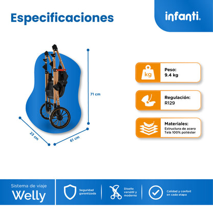Carriola Sistema de Viaje Welly Convertible a Bambineto Negro con Portabebé Grupo 0+, Asiento Reversible, Reclinado Ajustable, Arnés de 5 Puntos, Toldo Plegable, Cubrepiés y Canastilla Amplia para Bebé