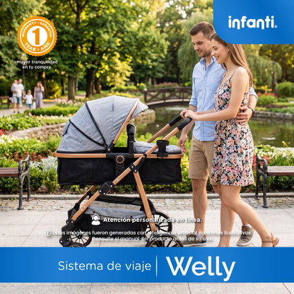 Carriola Sistema de Viaje Welly Convertible a Bambineto Negro con Portabebé Grupo 0+, Asiento Reversible, Reclinado Ajustable, Arnés de 5 Puntos, Toldo Plegable, Cubrepiés y Canastilla Amplia para Bebé