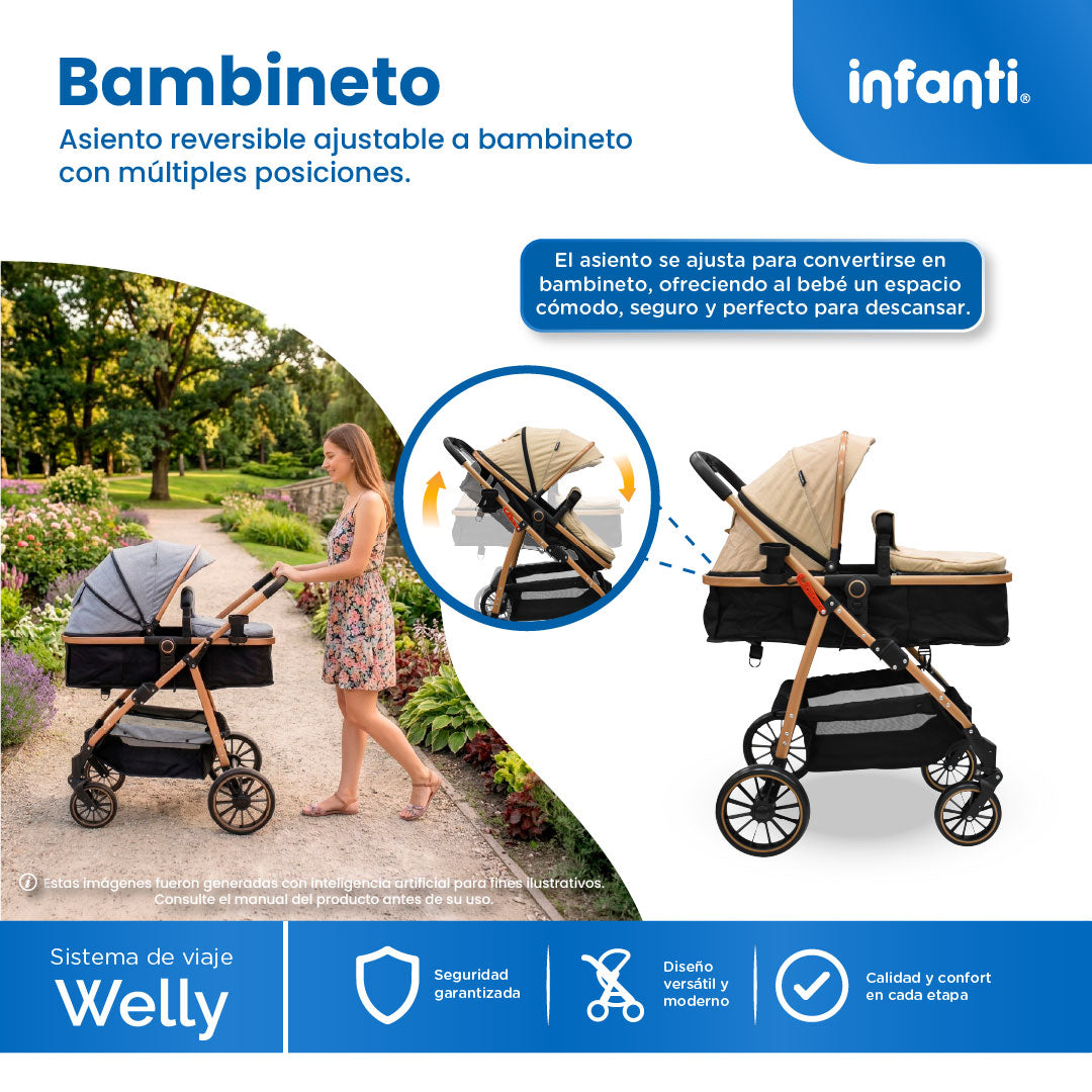 Carriola Sistema de Viaje Welly Convertible a Bambineto Negro con Portabebé Grupo 0+, Asiento Reversible, Reclinado Ajustable, Arnés de 5 Puntos, Toldo Plegable, Cubrepiés y Canastilla Amplia para Bebé
