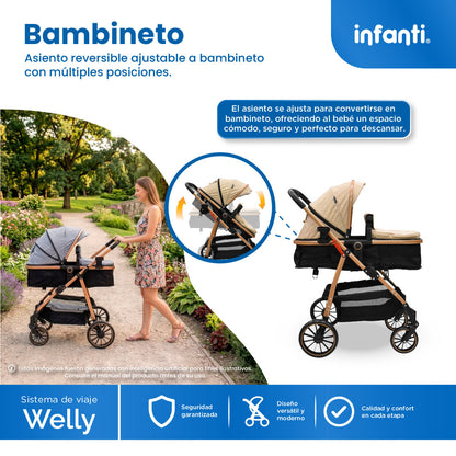 Carriola Sistema de Viaje Welly Convertible a Bambineto Negro con Portabebé Grupo 0+, Asiento Reversible, Reclinado Ajustable, Arnés de 5 Puntos, Toldo Plegable, Cubrepiés y Canastilla Amplia para Bebé