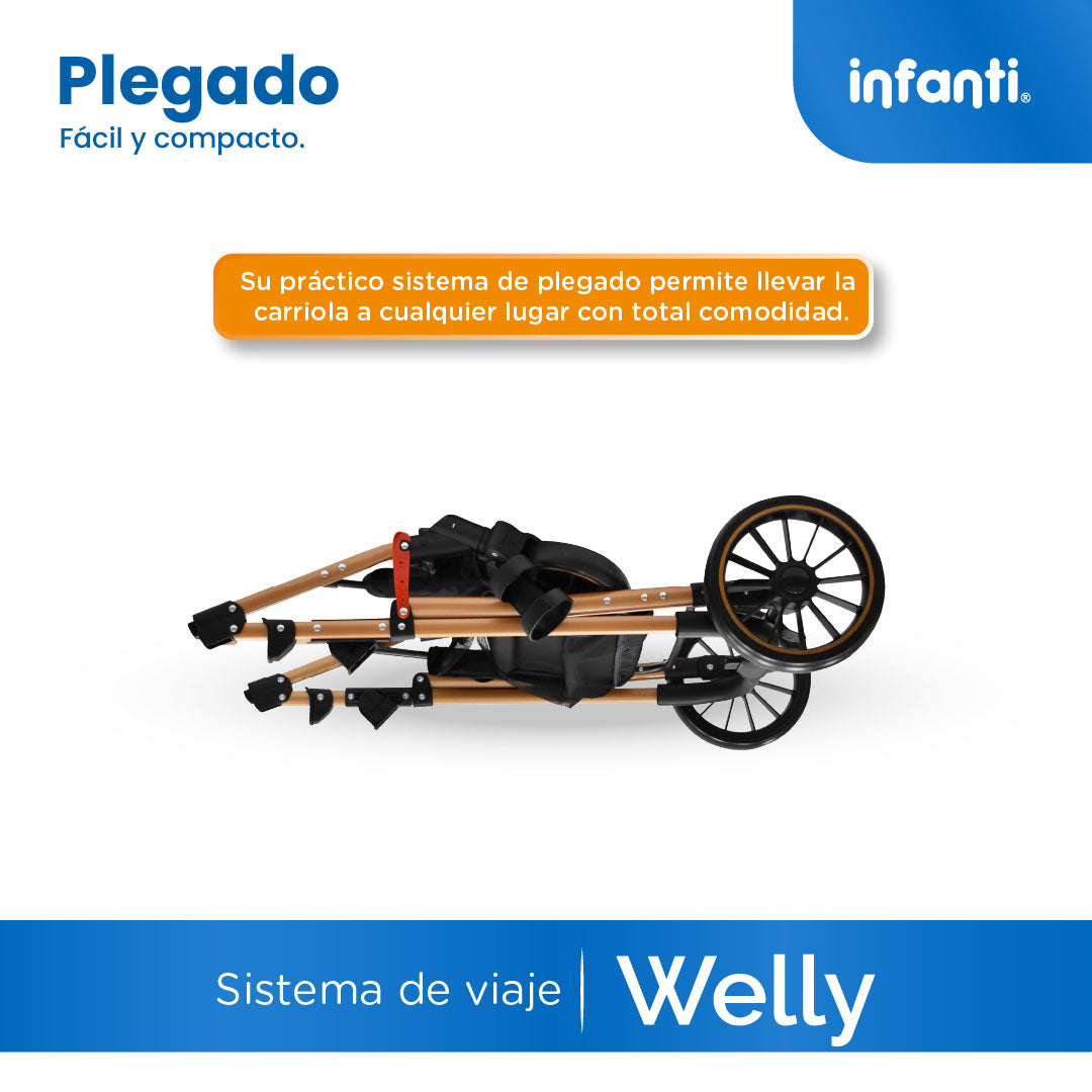 Carriola Sistema de Viaje Welly Convertible a Bambineto Negro con Portabebé Grupo 0+, Asiento Reversible, Reclinado Ajustable, Arnés de 5 Puntos, Toldo Plegable, Cubrepiés y Canastilla Amplia para Bebé