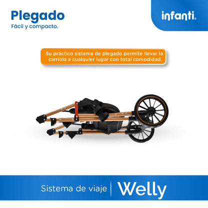 Carriola Sistema de Viaje Welly Convertible a Bambineto Negro con Portabebé Grupo 0+, Asiento Reversible, Reclinado Ajustable, Arnés de 5 Puntos, Toldo Plegable, Cubrepiés y Canastilla Amplia para Bebé