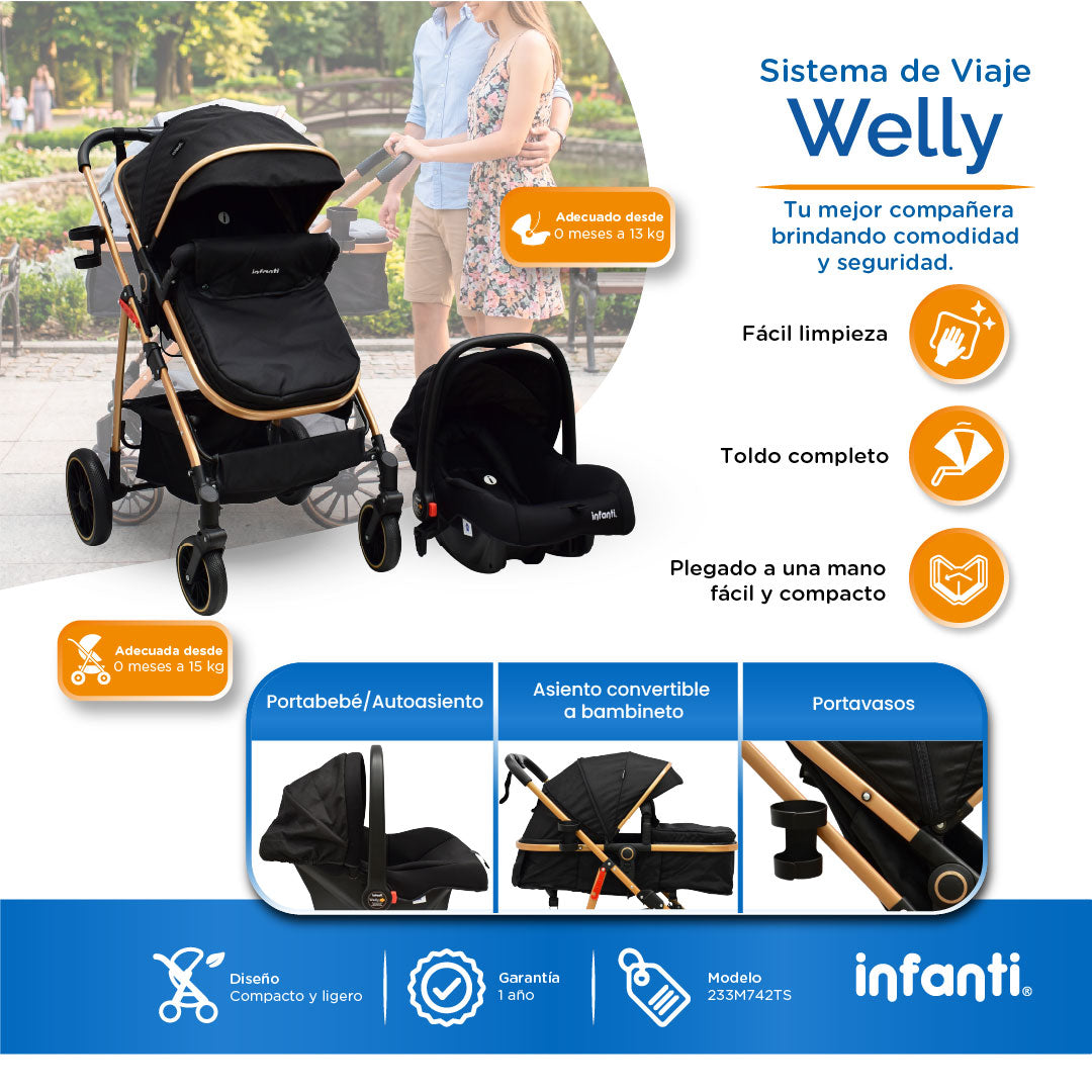 Carriola Sistema de Viaje Welly Convertible a Bambineto Negro con Portabebé Grupo 0+, Asiento Reversible, Reclinado Ajustable, Arnés de 5 Puntos, Toldo Plegable, Cubrepiés y Canastilla Amplia para Bebé