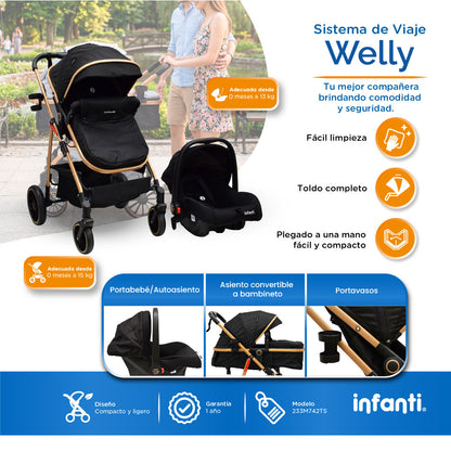 Carriola Sistema de Viaje Welly Convertible a Bambineto Negro con Portabebé Grupo 0+, Asiento Reversible, Reclinado Ajustable, Arnés de 5 Puntos, Toldo Plegable, Cubrepiés y Canastilla Amplia para Bebé