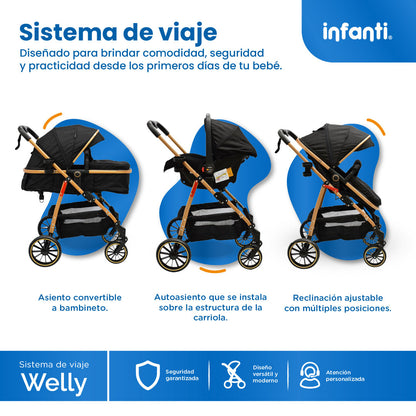 Carriola Sistema de Viaje Welly Convertible a Bambineto Negro con Portabebé Grupo 0+, Asiento Reversible, Reclinado Ajustable, Arnés de 5 Puntos, Toldo Plegable, Cubrepiés y Canastilla Amplia para Bebé