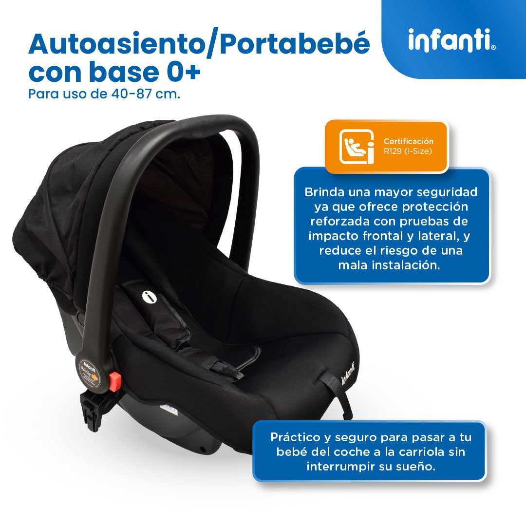 Carriola Sistema de Viaje Welly Convertible a Bambineto Negro con Portabebé Grupo 0+, Asiento Reversible, Reclinado Ajustable, Arnés de 5 Puntos, Toldo Plegable, Cubrepiés y Canastilla Amplia para Bebé