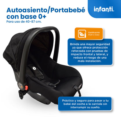 Carriola Sistema de Viaje Welly Convertible a Bambineto Negro con Portabebé Grupo 0+, Asiento Reversible, Reclinado Ajustable, Arnés de 5 Puntos, Toldo Plegable, Cubrepiés y Canastilla Amplia para Bebé