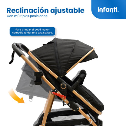Carriola Sistema de Viaje Welly Convertible a Bambineto Negro con Portabebé Grupo 0+, Asiento Reversible, Reclinado Ajustable, Arnés de 5 Puntos, Toldo Plegable, Cubrepiés y Canastilla Amplia para Bebé