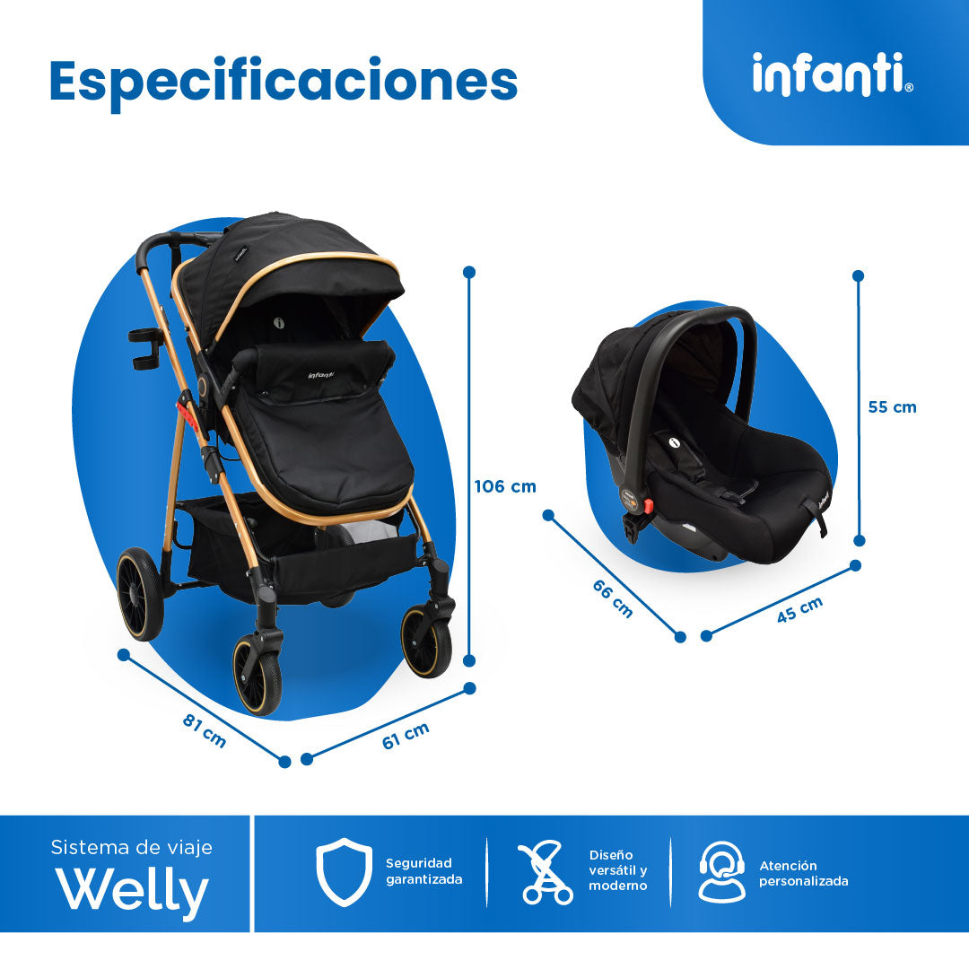 Carriola Sistema de Viaje Welly Convertible a Bambineto Negro con Portabebé Grupo 0+, Asiento Reversible, Reclinado Ajustable, Arnés de 5 Puntos, Toldo Plegable, Cubrepiés y Canastilla Amplia para Bebé