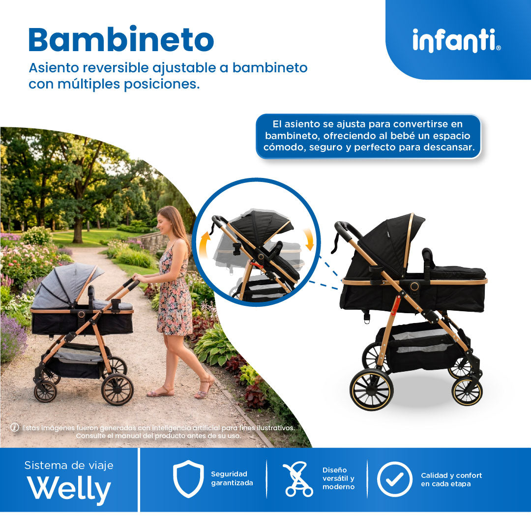 Carriola Sistema de Viaje Welly Convertible a Bambineto Negro con Portabebé Grupo 0+, Asiento Reversible, Reclinado Ajustable, Arnés de 5 Puntos, Toldo Plegable, Cubrepiés y Canastilla Amplia para Bebé