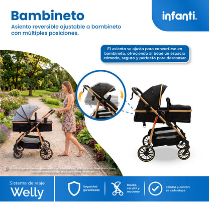 Carriola Sistema de Viaje Welly Convertible a Bambineto Negro con Portabebé Grupo 0+, Asiento Reversible, Reclinado Ajustable, Arnés de 5 Puntos, Toldo Plegable, Cubrepiés y Canastilla Amplia para Bebé