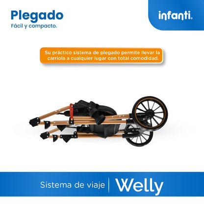Carriola Sistema de Viaje Welly Convertible a Bambineto Negro con Portabebé Grupo 0+, Asiento Reversible, Reclinado Ajustable, Arnés de 5 Puntos, Toldo Plegable, Cubrepiés y Canastilla Amplia para Bebé