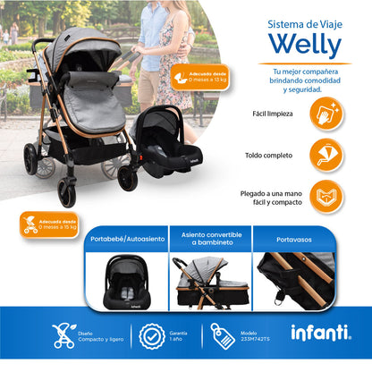 Carriola Sistema de Viaje Welly Convertible a Bambineto Negro con Portabebé Grupo 0+, Asiento Reversible, Reclinado Ajustable, Arnés de 5 Puntos, Toldo Plegable, Cubrepiés y Canastilla Amplia para Bebé