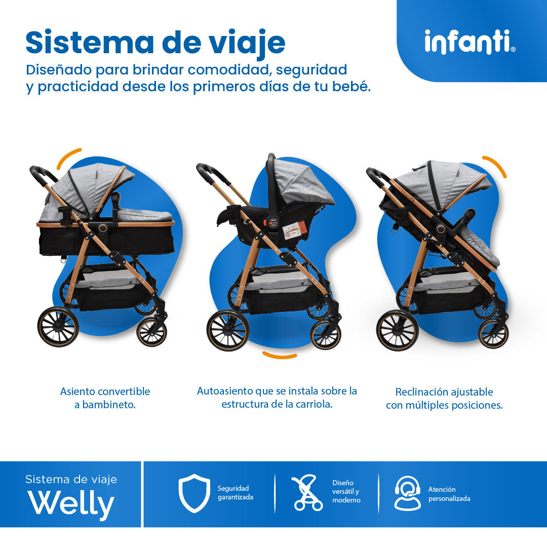 Carriola Sistema de Viaje Welly Convertible a Bambineto Negro con Portabebé Grupo 0+, Asiento Reversible, Reclinado Ajustable, Arnés de 5 Puntos, Toldo Plegable, Cubrepiés y Canastilla Amplia para Bebé