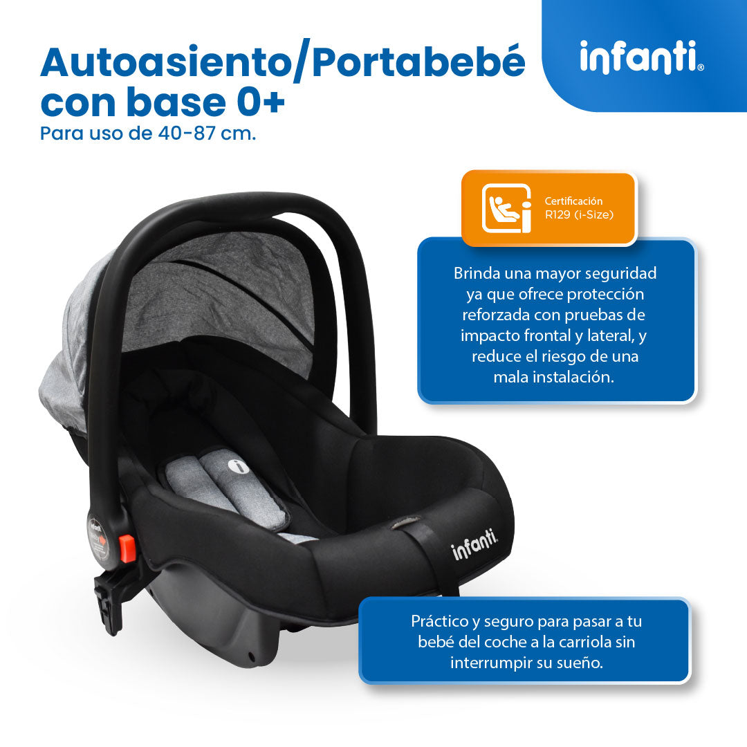 Carriola Sistema de Viaje Welly Convertible a Bambineto Negro con Portabebé Grupo 0+, Asiento Reversible, Reclinado Ajustable, Arnés de 5 Puntos, Toldo Plegable, Cubrepiés y Canastilla Amplia para Bebé
