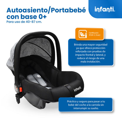 Carriola Sistema de Viaje Welly Convertible a Bambineto Negro con Portabebé Grupo 0+, Asiento Reversible, Reclinado Ajustable, Arnés de 5 Puntos, Toldo Plegable, Cubrepiés y Canastilla Amplia para Bebé