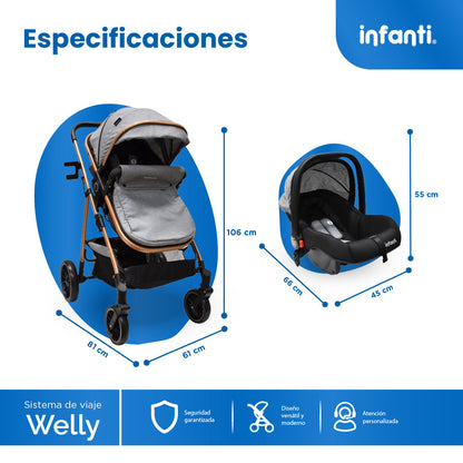 Carriola Sistema de Viaje Welly Convertible a Bambineto Negro con Portabebé Grupo 0+, Asiento Reversible, Reclinado Ajustable, Arnés de 5 Puntos, Toldo Plegable, Cubrepiés y Canastilla Amplia para Bebé