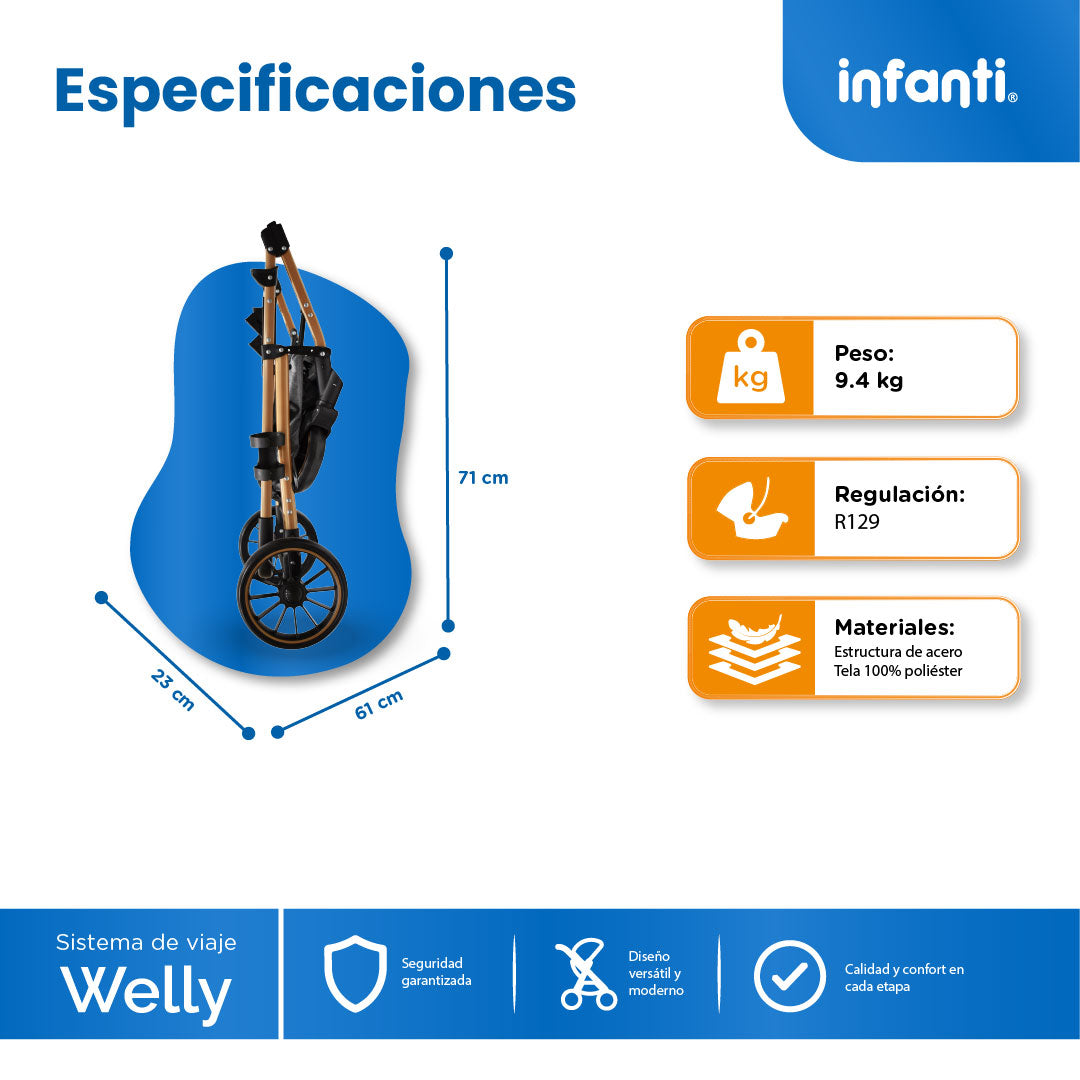 Carriola Sistema de Viaje Welly Convertible a Bambineto Negro con Portabebé Grupo 0+, Asiento Reversible, Reclinado Ajustable, Arnés de 5 Puntos, Toldo Plegable, Cubrepiés y Canastilla Amplia para Bebé