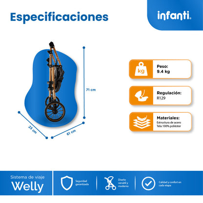 Carriola Sistema de Viaje Welly Convertible a Bambineto Negro con Portabebé Grupo 0+, Asiento Reversible, Reclinado Ajustable, Arnés de 5 Puntos, Toldo Plegable, Cubrepiés y Canastilla Amplia para Bebé
