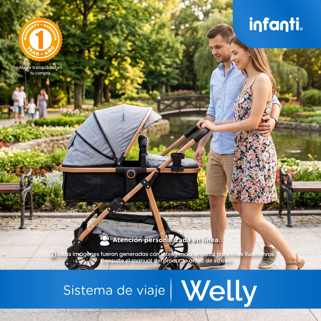 Carriola Sistema de Viaje Welly Convertible a Bambineto Negro con Portabebé Grupo 0+, Asiento Reversible, Reclinado Ajustable, Arnés de 5 Puntos, Toldo Plegable, Cubrepiés y Canastilla Amplia para Bebé