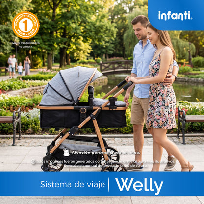 Carriola Sistema de Viaje Welly Convertible a Bambineto Negro con Portabebé Grupo 0+, Asiento Reversible, Reclinado Ajustable, Arnés de 5 Puntos, Toldo Plegable, Cubrepiés y Canastilla Amplia para Bebé