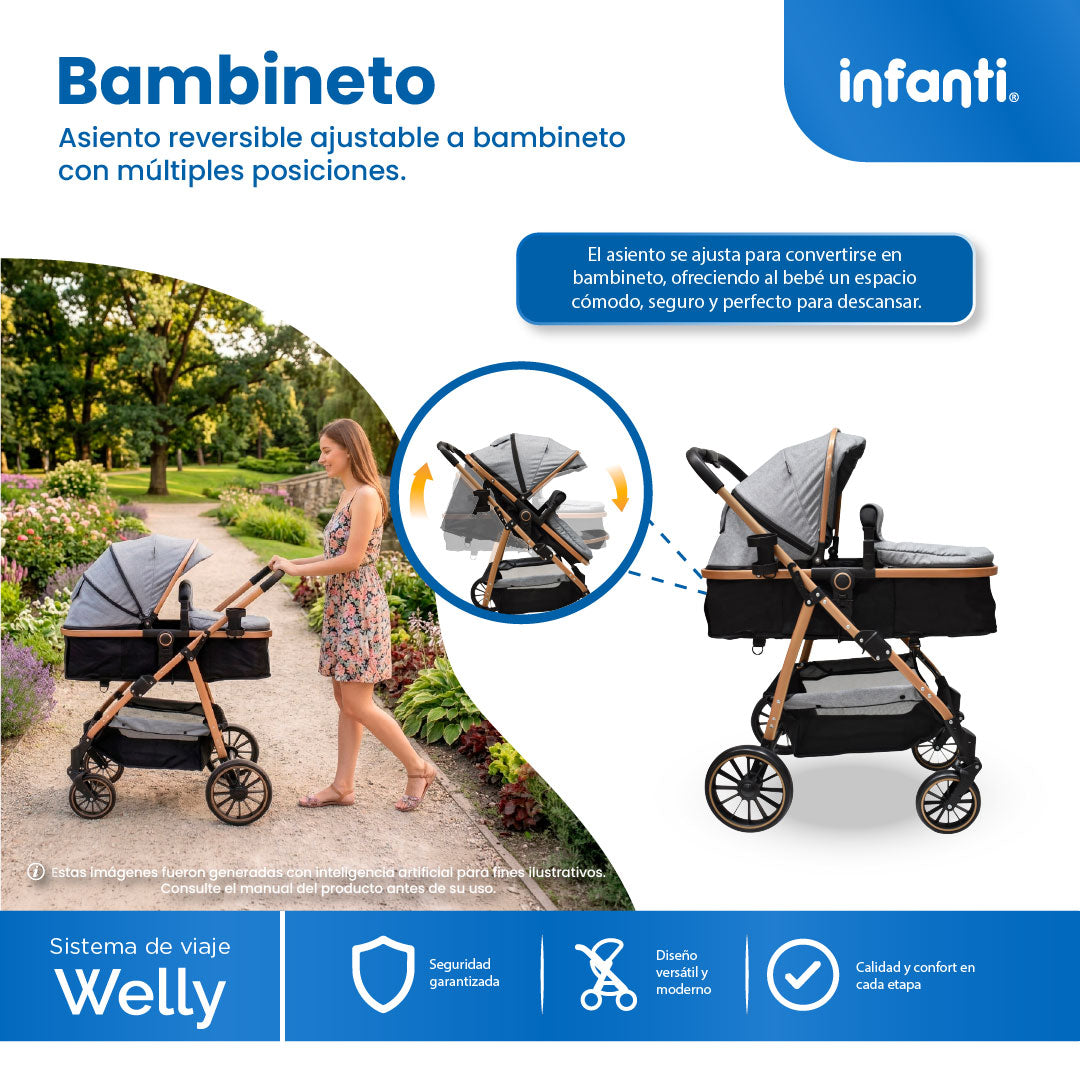Carriola Sistema de Viaje Welly Convertible a Bambineto Negro con Portabebé Grupo 0+, Asiento Reversible, Reclinado Ajustable, Arnés de 5 Puntos, Toldo Plegable, Cubrepiés y Canastilla Amplia para Bebé
