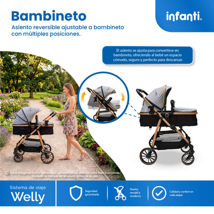 Carriola Sistema de Viaje Welly Convertible a Bambineto Negro con Portabebé Grupo 0+, Asiento Reversible, Reclinado Ajustable, Arnés de 5 Puntos, Toldo Plegable, Cubrepiés y Canastilla Amplia para Bebé