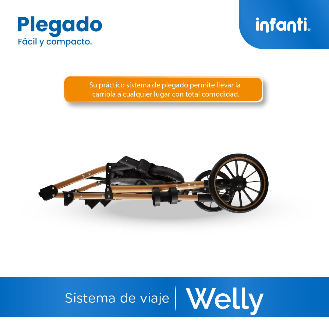 Carriola Sistema de Viaje Welly Convertible a Bambineto Negro con Portabebé Grupo 0+, Asiento Reversible, Reclinado Ajustable, Arnés de 5 Puntos, Toldo Plegable, Cubrepiés y Canastilla Amplia para Bebé