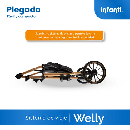 Carriola Sistema de Viaje Welly Convertible a Bambineto Negro con Portabebé Grupo 0+, Asiento Reversible, Reclinado Ajustable, Arnés de 5 Puntos, Toldo Plegable, Cubrepiés y Canastilla Amplia para Bebé