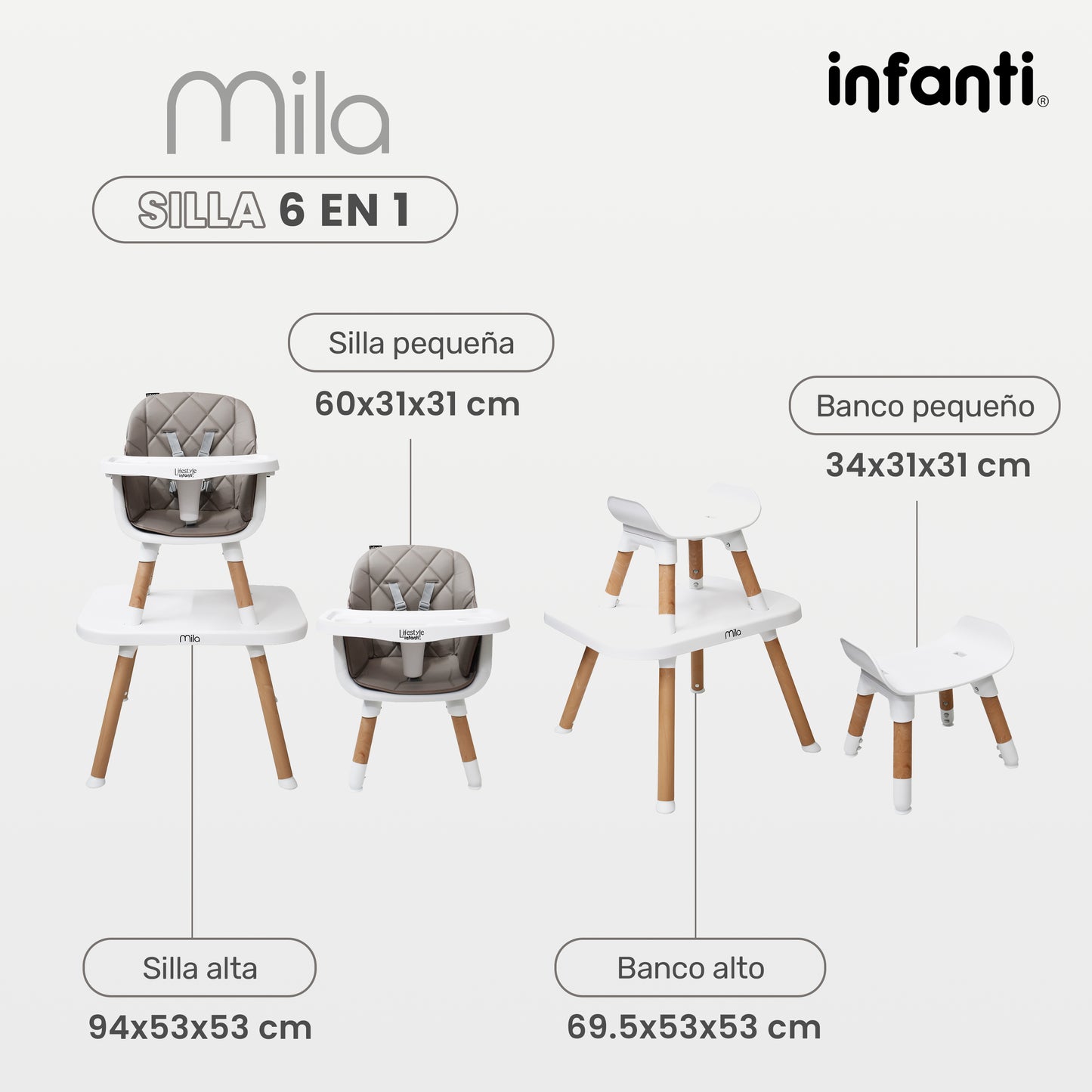 Silla Alta Lifestyle by Infanti Mila 6 en 1 Color Gris