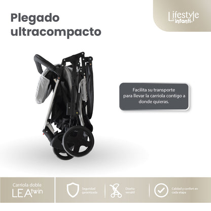 Carriola Doble Lea Twin Con Reclinación Independiente y Plegado Compacto