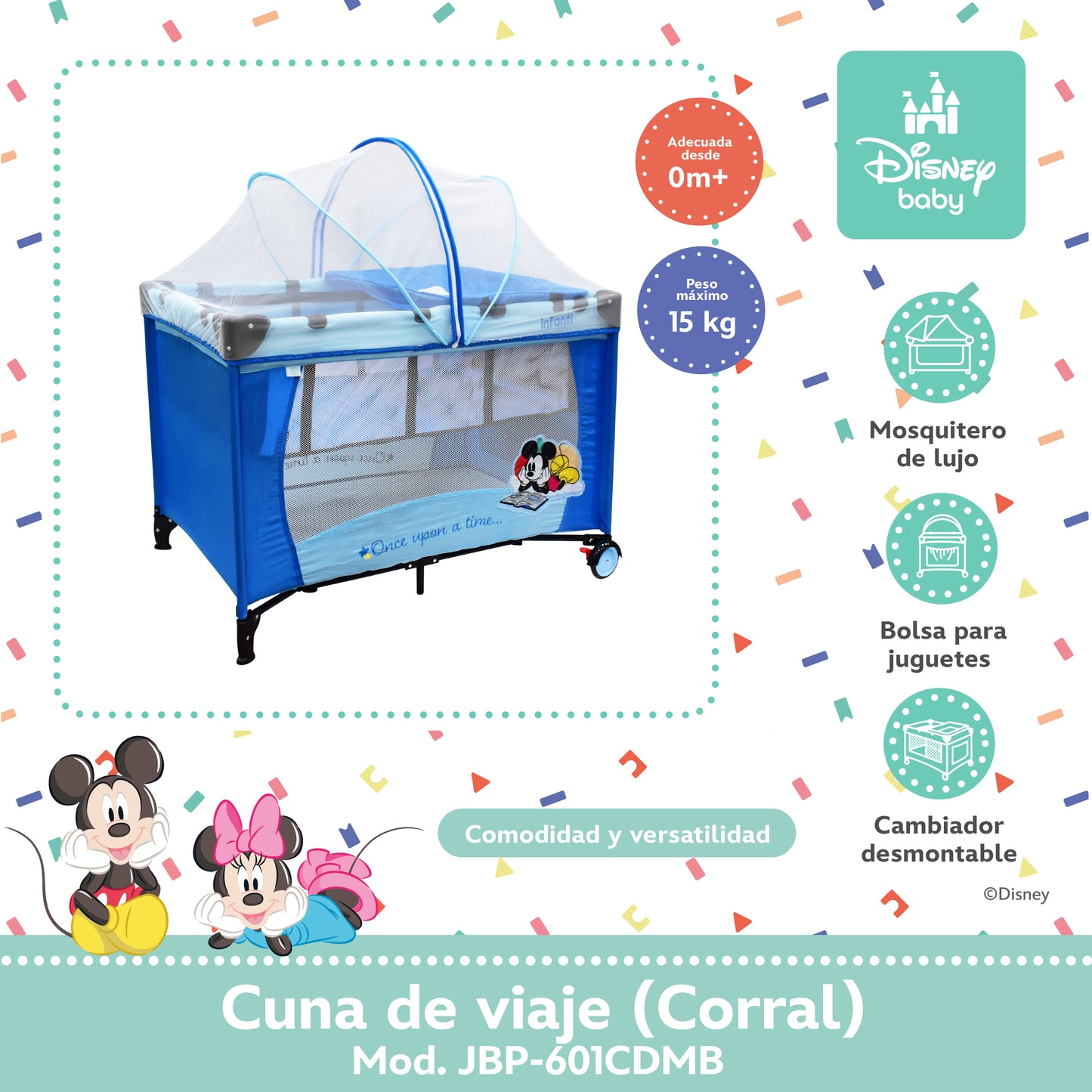 Cuna De Viaje Disney Adaptable Seguro Con Cambiador Desmontable