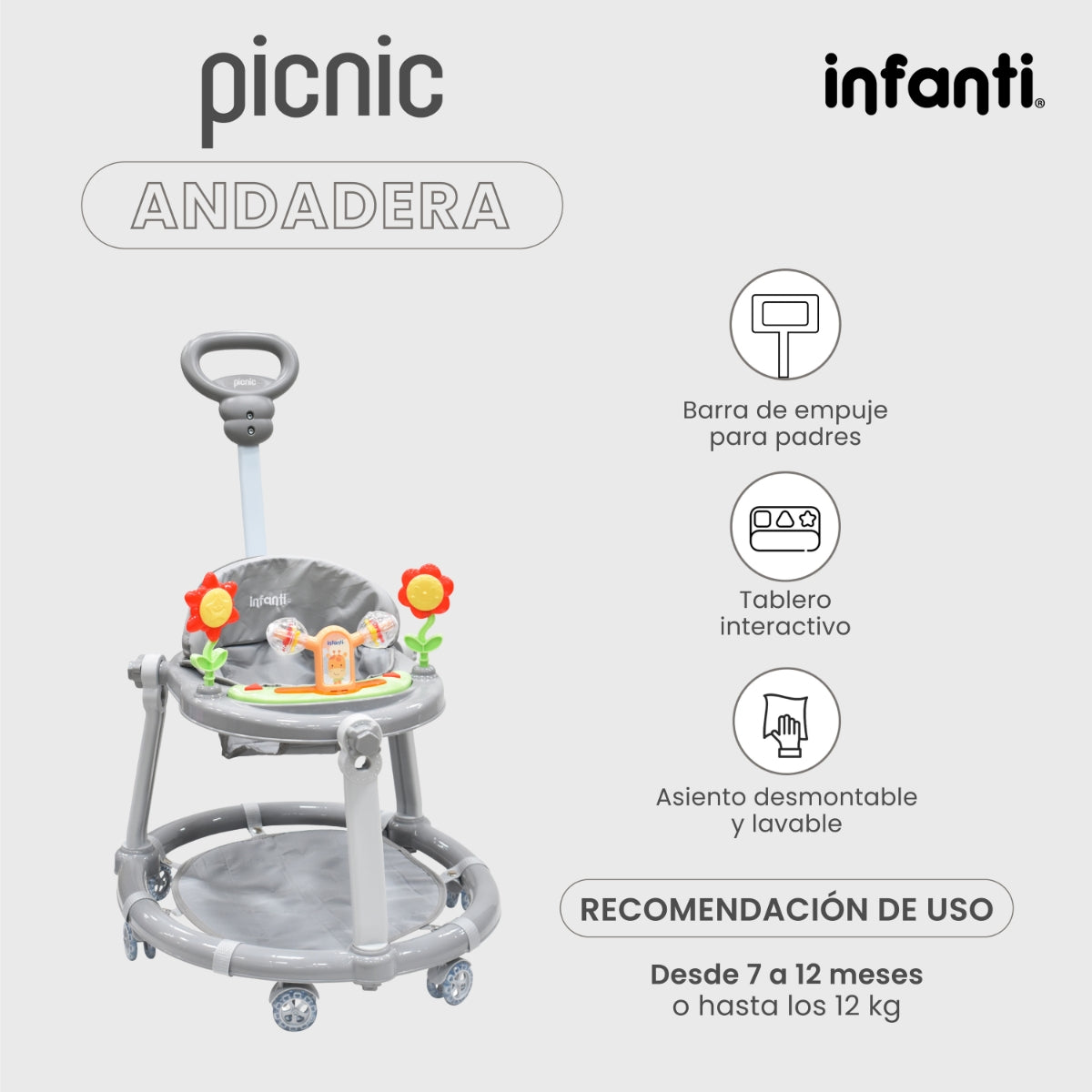 Infanti Andadera Picnic Tablero Interactivo Barra De Empuje
