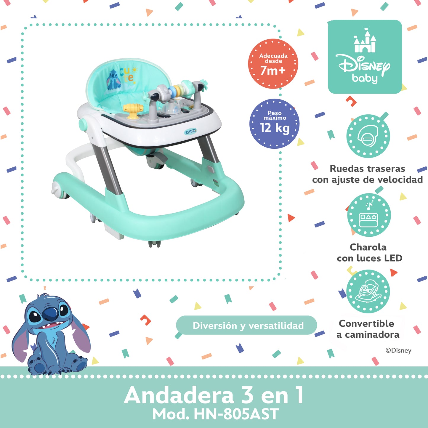 Andadera Stitch Disney 3 en 1 Con Charola Interactiva Led Sonido y Asiento Removible