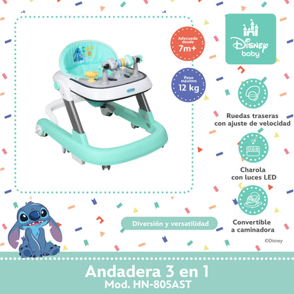 Andadera Stitch Disney 3 en 1 Con Charola Interactiva Led Sonido y Asiento Removible