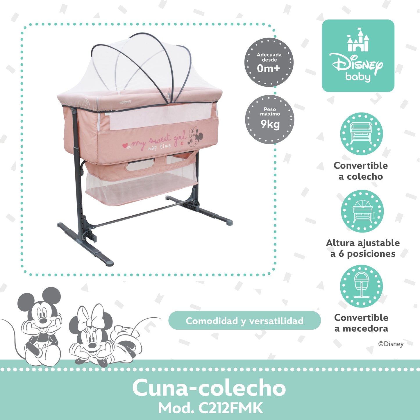 Cuna Colecho Disney Plegable Con Mosquitero Y Lateral Abatible